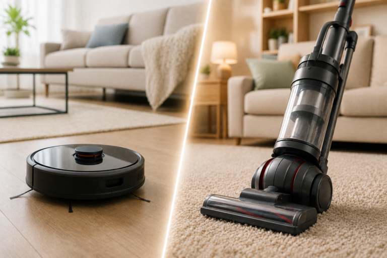 Robot vacuum and traditional upright vacuum compared in a modern American home, showing automated daily floor cleaning on hardwood and powerful manual cleaning on carpet.