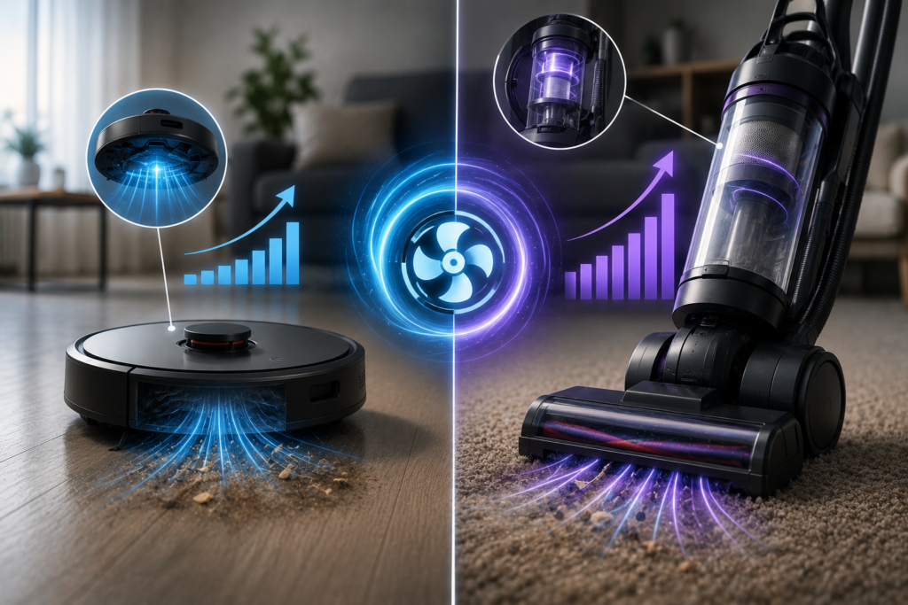 Robot vacuum and upright vacuum compared for suction power, showing airflow pulling dust and debris from hardwood and carpet in a modern American home.
