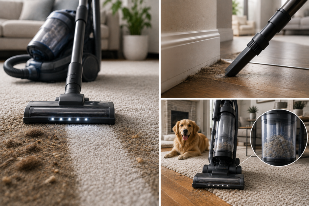 Traditional upright vacuum deep-cleaning thick carpet, pet hair, stairs, and hard-to-reach areas in a modern American home.