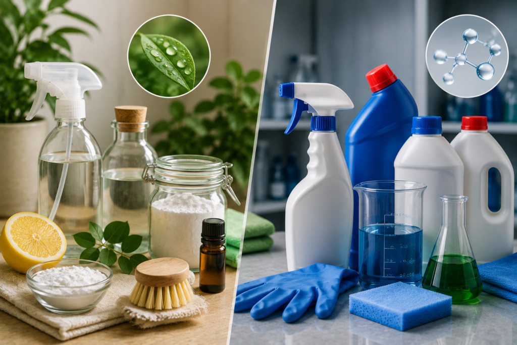 Clean featured image comparing natural and chemical cleaners, with plant-based ingredients and gentle cleaning tools contrasted against commercial cleaning products and laboratory-style ingredients.