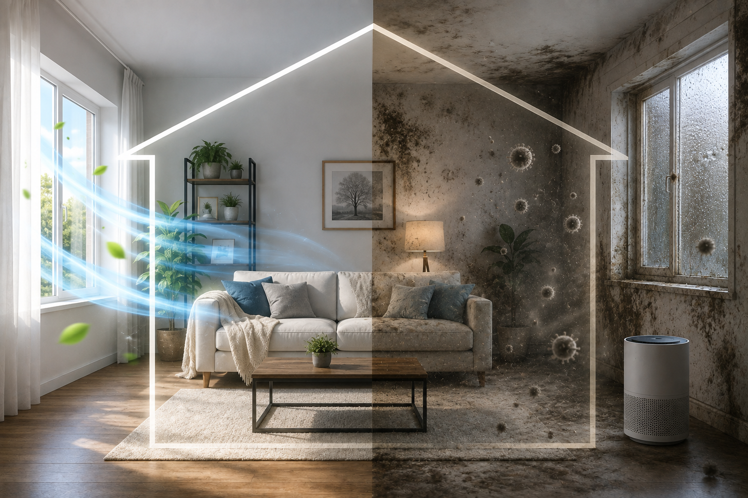 Signs of poor indoor air quality shown in a modern home, contrasting fresh ventilated air with mold, dust, moisture, airborne particles, and stale indoor conditions