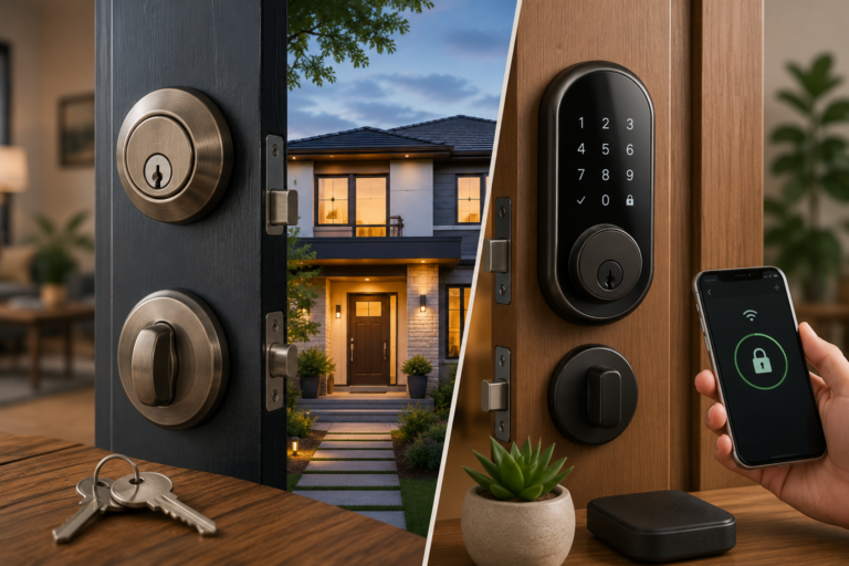 Featured image comparing a traditional deadbolt with keys against a smart keypad lock with smartphone control, highlighting the differences in home security, convenience, and access options.