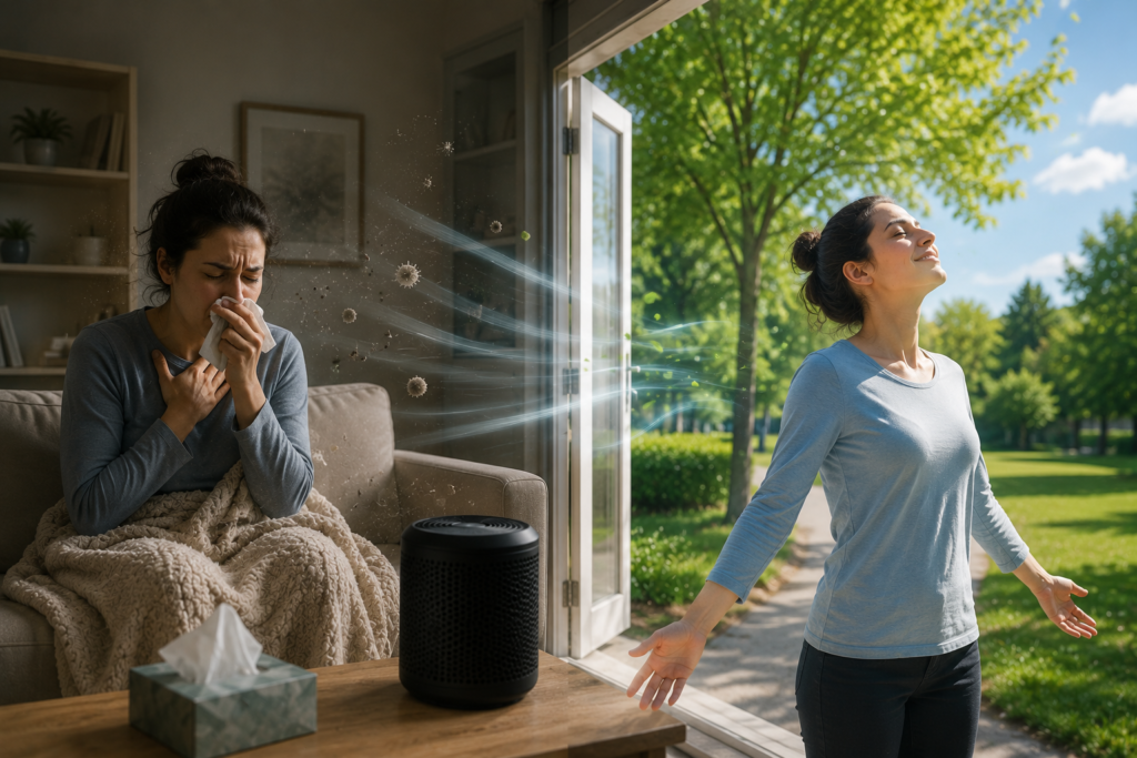 Person experiencing sneezing and coughing in a dusty indoor room but feeling better after stepping outside into fresh, clean air.
