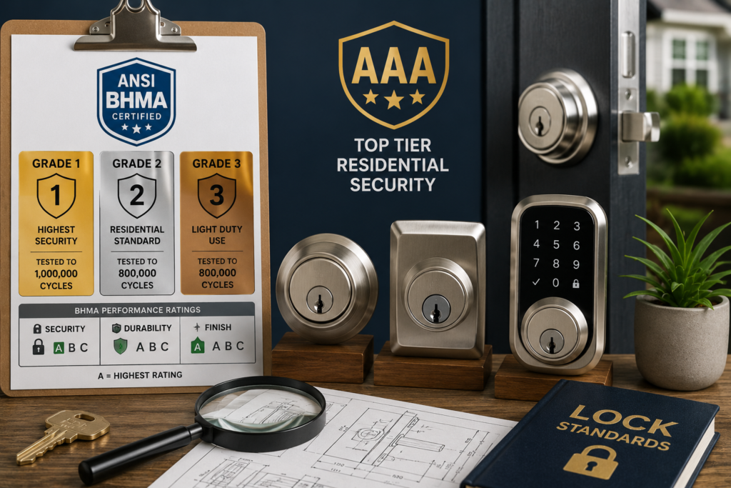Featured image showing three levels of lock hardware, certification symbols, physical security features, and different deadbolt grades in a modern home setting.
