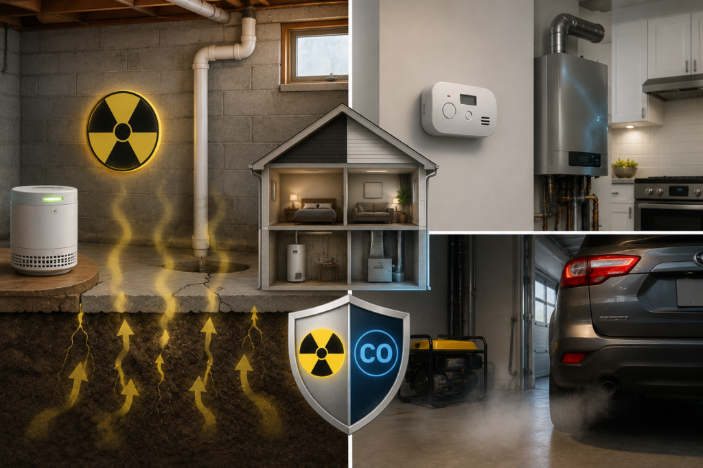 Radon and carbon monoxide risks in a modern American home, showing radon entering through the basement foundation and carbon monoxide hazards from fuel-burning appliances, a vehicle, and a generator.