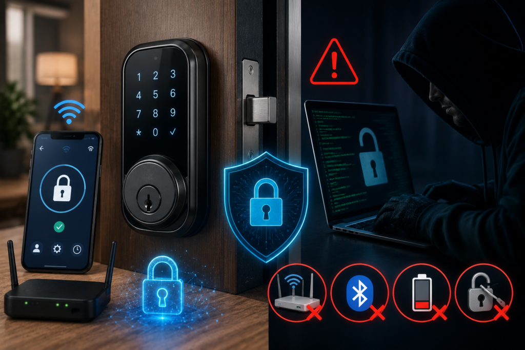 Featured image illustrating smart-lock hacking risks, with a connected keypad lock, smartphone, Wi-Fi router, cybersecurity shield, and digital threat imagery representing passwords, firmware, network, and battery vulnerabilities.