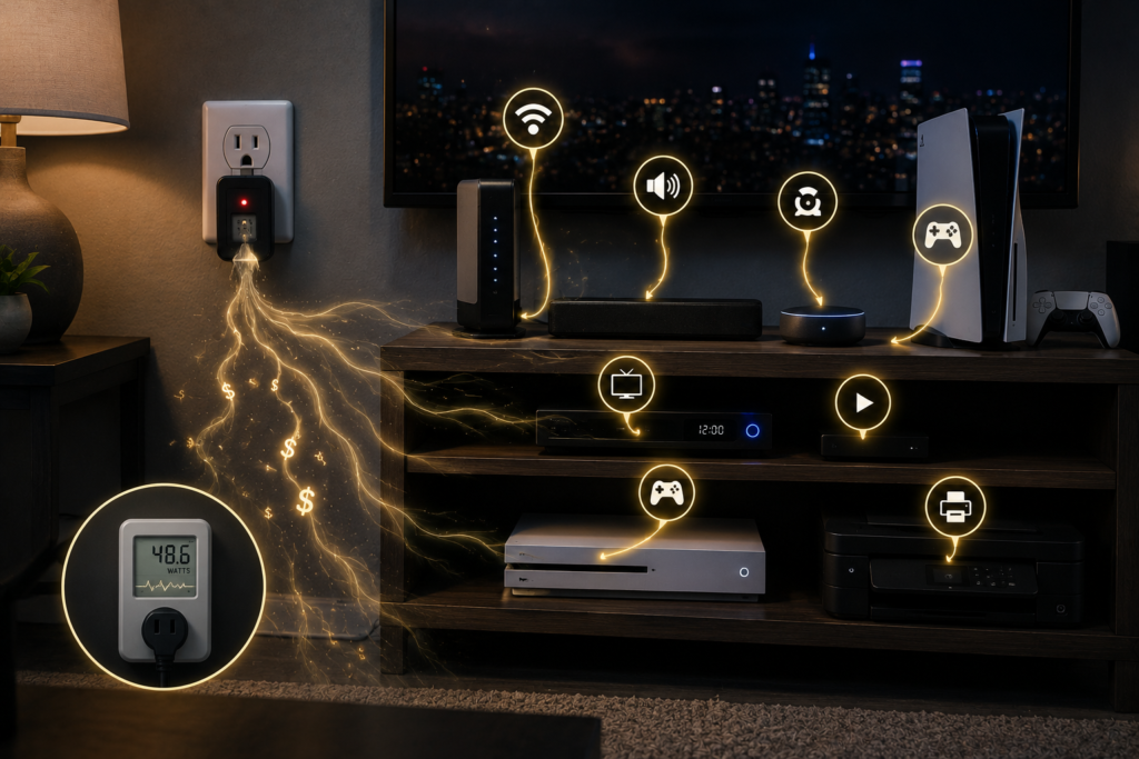Vampire power draining electricity from a modern American home entertainment setup, showing standby devices such as a TV, game console, soundbar, router, and printer consuming hidden energy.