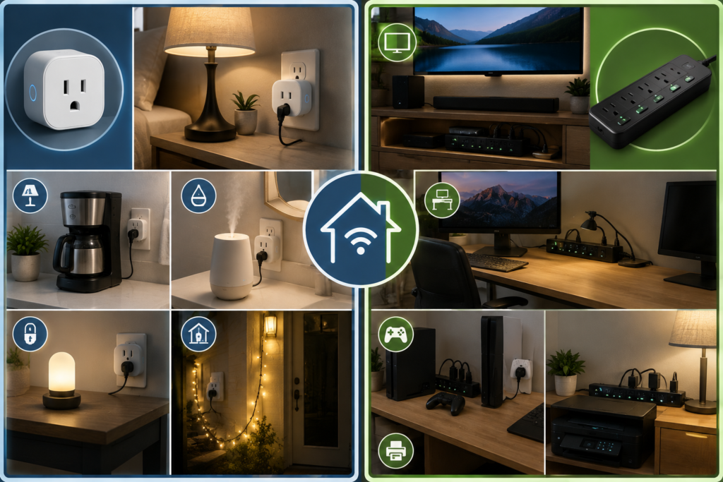 Smart plug and smart power strip shown in different rooms of a modern American home, with a smart plug controlling individual devices and a power strip managing entertainment and home office electronics.