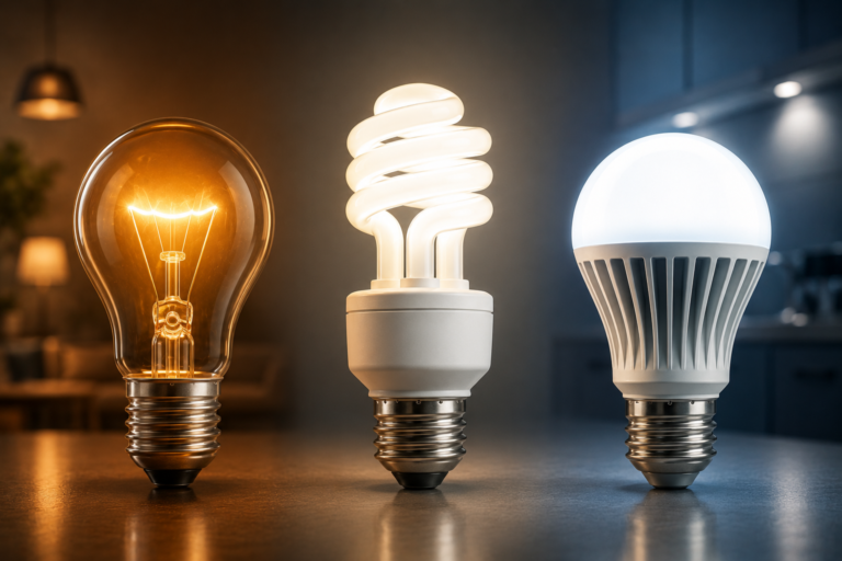 Featured image comparing incandescent, CFL, and LED light bulbs side by side, showing their distinct designs and warm, neutral, and cool lighting characteristics.