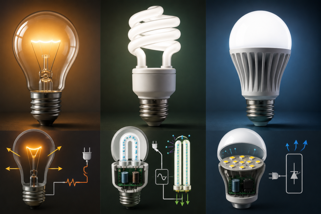 Featured image visually comparing how incandescent, CFL, and LED bulbs generate light, showing the incandescent filament, CFL spiral tube and internal components, and LED semiconductor chips with heat-sink design.