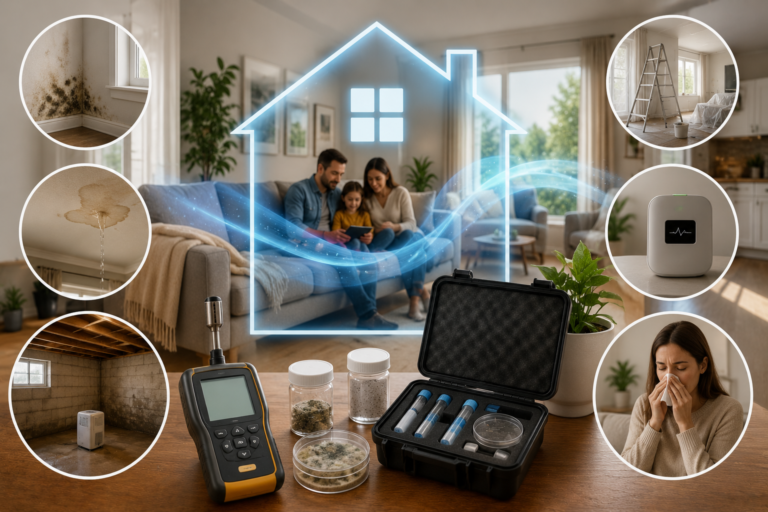 Indoor air quality testing in a modern American home, showing air-quality monitors, sampling equipment, mold, moisture damage, basement testing, and a family in a healthy living space.