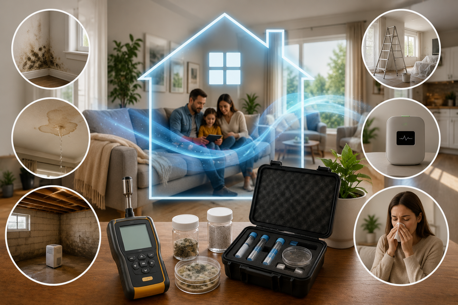 Indoor air quality testing in a modern American home, showing air-quality monitors, sampling equipment, mold, moisture damage, basement testing, and a family in a healthy living space.