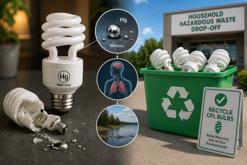 Featured image showing CFL bulbs, mercury contamination, broken bulb hazards, and proper recycling through a dedicated collection bin and safe processing system.