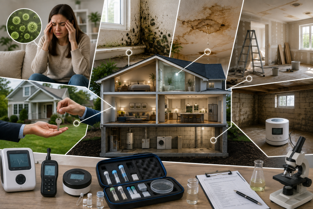 Indoor air quality testing scenarios including unexplained symptoms, mold, water damage, home renovation, property inspection, basement testing, and professional air-quality equipment.