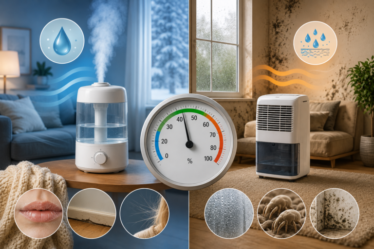 Featured image comparing a humidifier and dehumidifier in a modern home, with a central hygrometer illustrating balanced indoor humidity and visual signs of air that is too dry or too humid.
