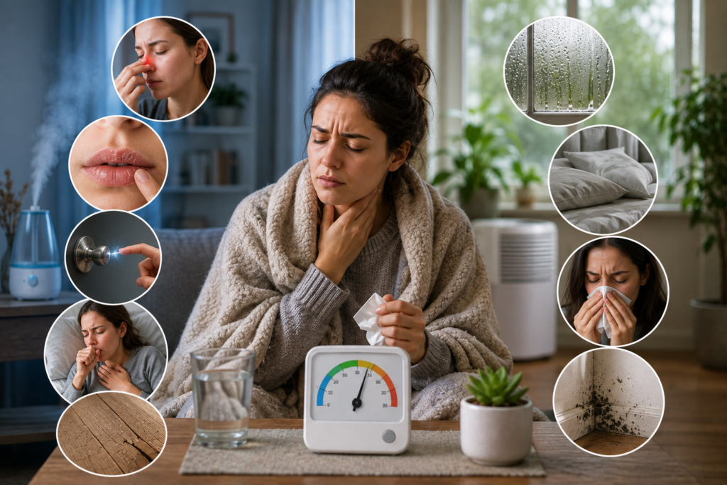 Featured image showing common signs of indoor air that is too dry or too humid, including dry lips, throat irritation, static, coughing, condensation, damp bedding, allergies, and mold, with a hygrometer in the center.