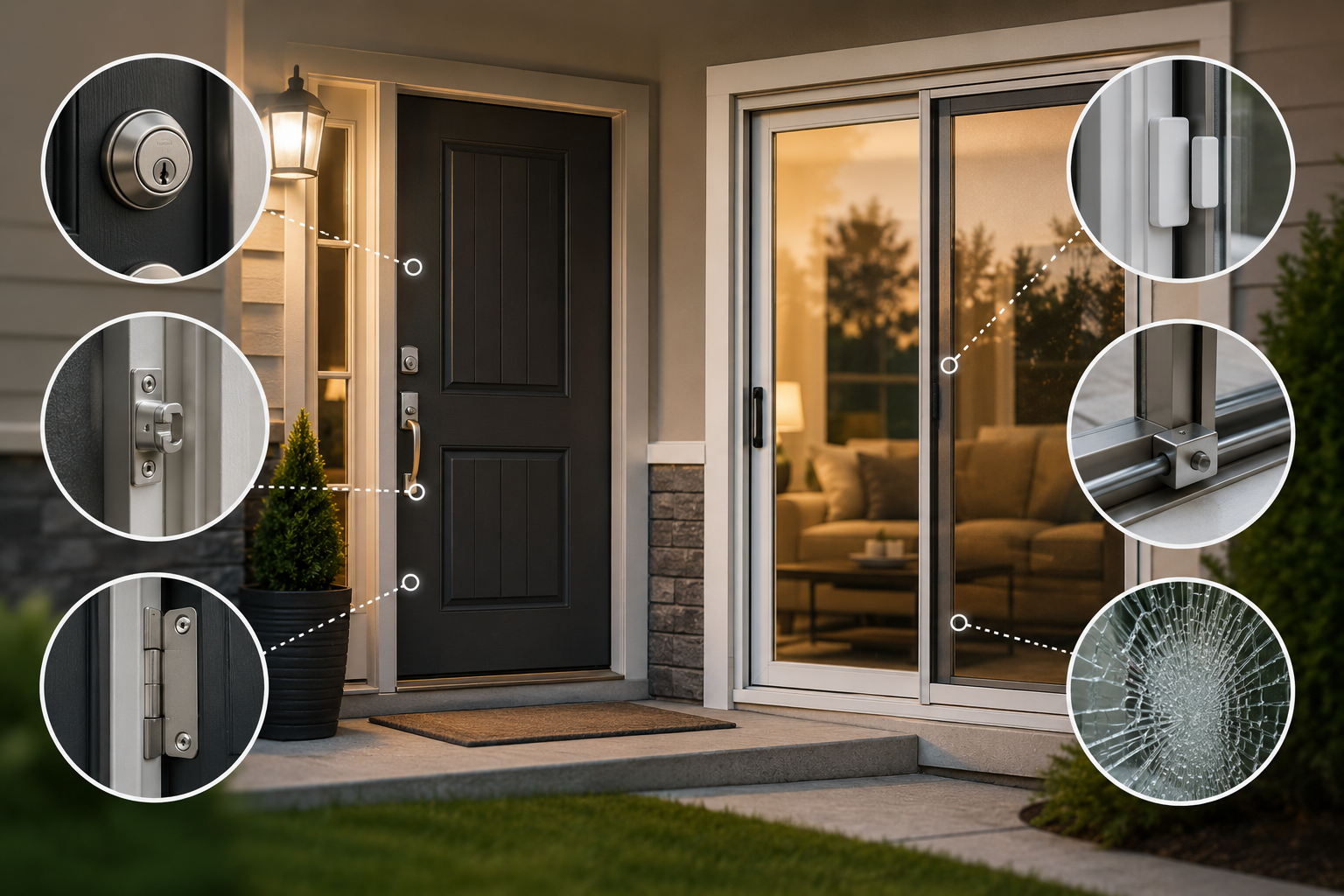 Home security upgrades for doors and windows, showing a reinforced front door, secure sliding glass door, upgraded locks, door sensors, track protection, and security glass in a modern American home.