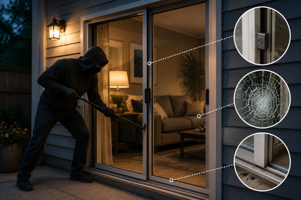 Sliding glass patio door showing common security weaknesses, including a vulnerable latch, breakable tempered glass, and an exposed bottom track on a modern American home.
