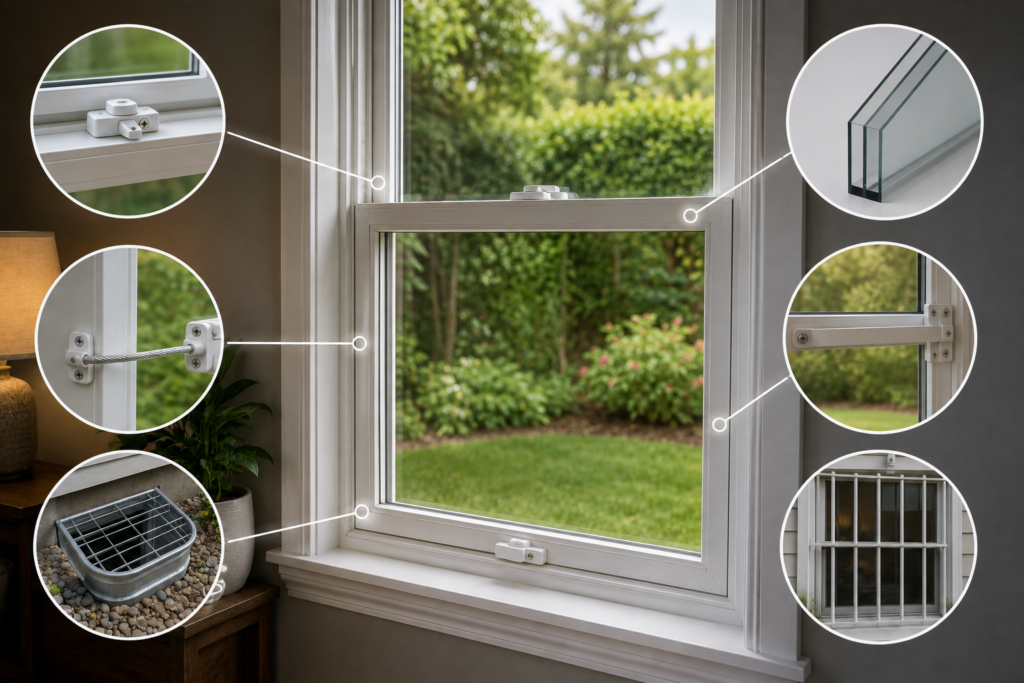 Standard residential window secured with upgraded locks, window restrictors, reinforced glass, and protective security hardware in a modern American home.