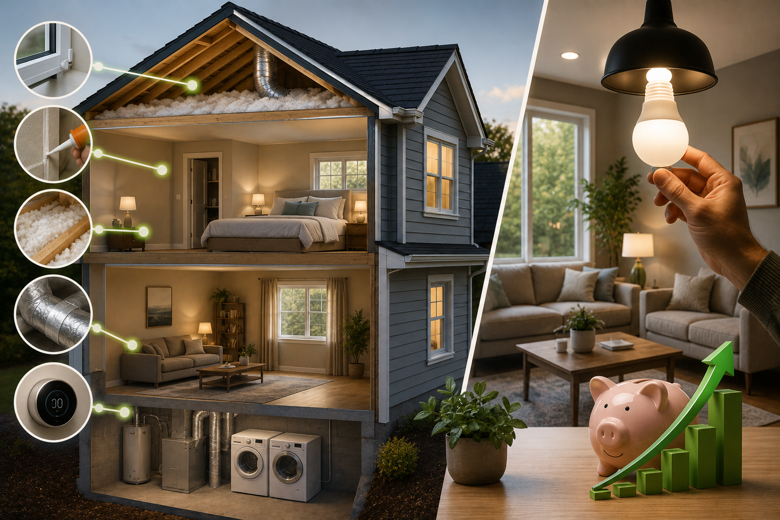 Energy-efficient American home with insulation, smart thermostat, LED lighting, air sealing tools, and money-saving elements representing practical ways to reduce household energy bills.