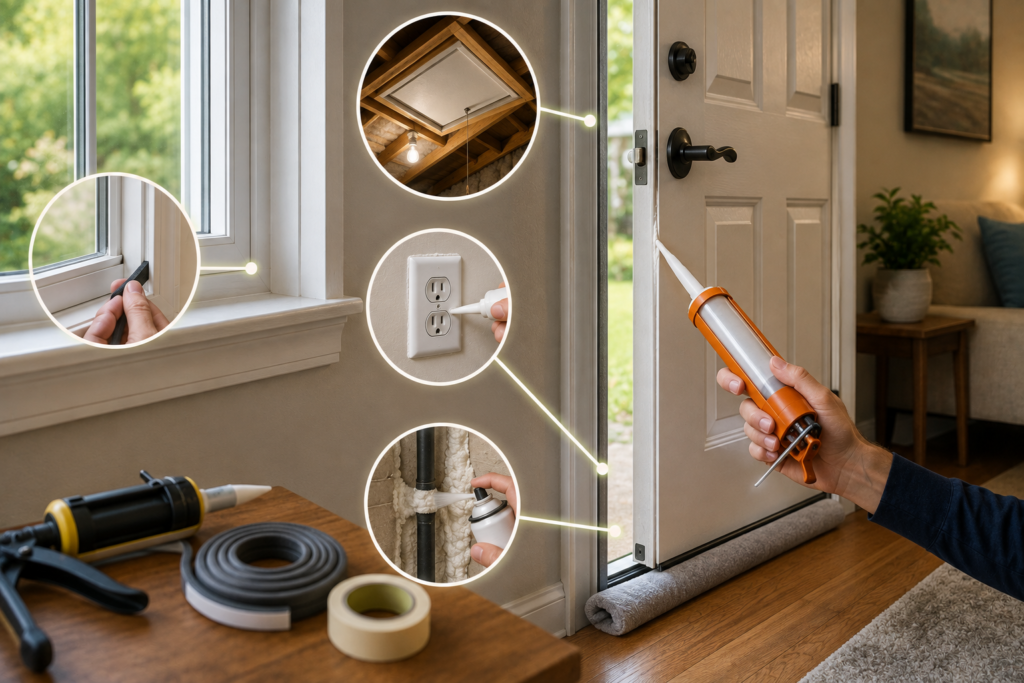Homeowner sealing air leaks around a door and window with caulk and weatherstripping, with additional insulation and sealing work shown around an attic hatch and electrical outlet in a modern American home.