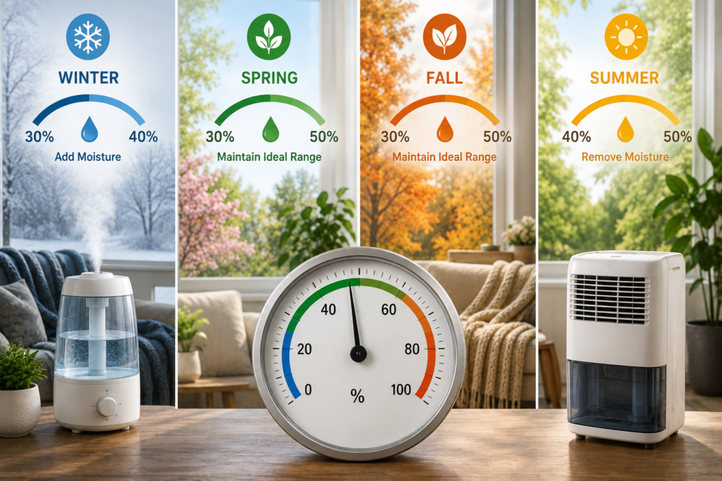 Featured image showing seasonal indoor humidity management across winter, spring, fall, and summer, with a hygrometer, humidifier, dehumidifier, and visual humidity ranges.