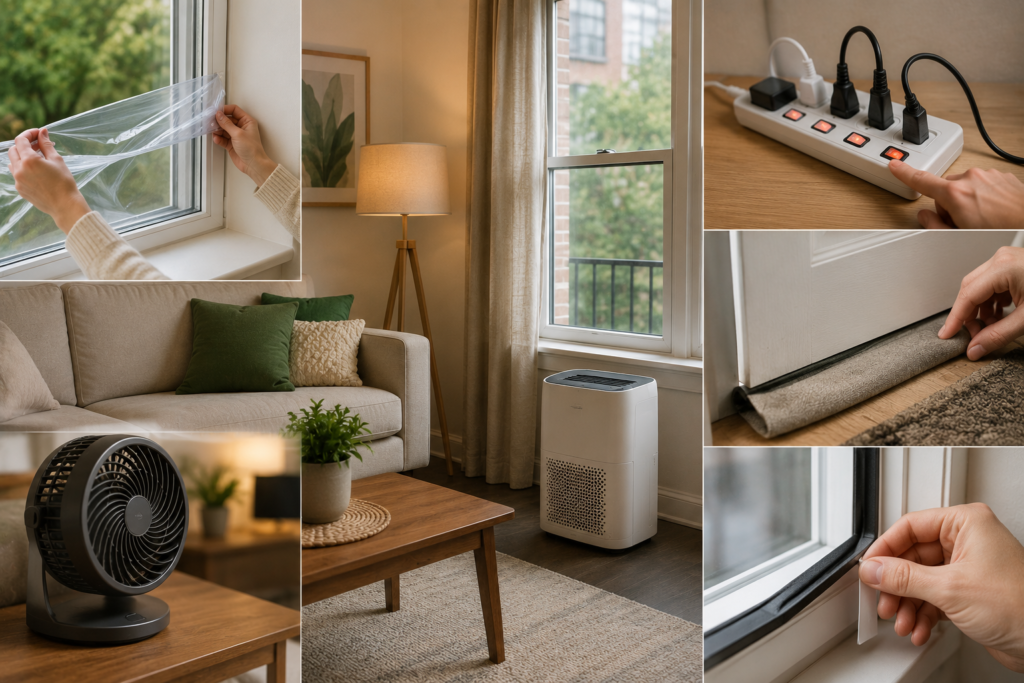 Renter-friendly energy-saving upgrades in a modern American apartment, including removable window insulation film, weatherstripping, a door draft stopper, smart power strip, fan, and portable air purifier.