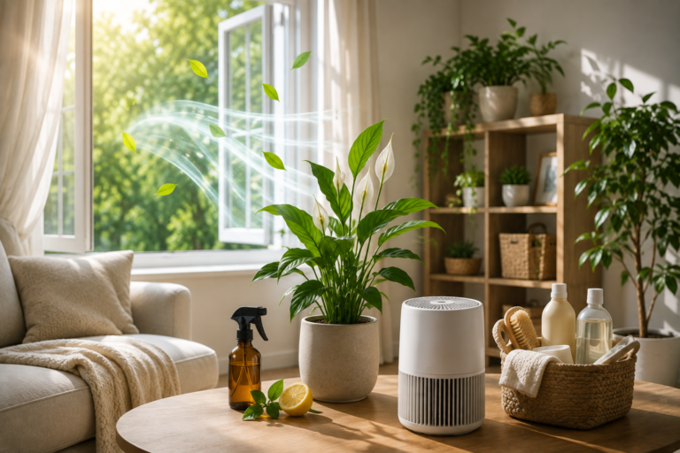 Clean featured image showing a bright, naturally ventilated home with an open window, fresh airflow, houseplants, low-VOC cleaning supplies, and a compact air purifier.