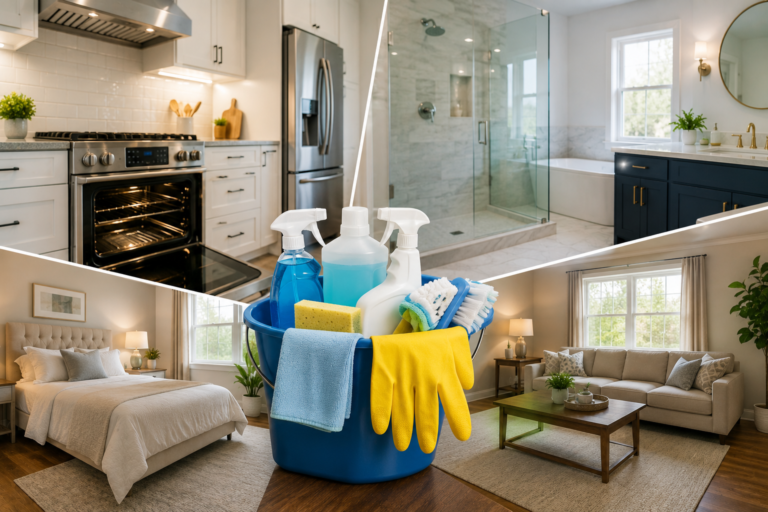 Deep cleaning a modern American home, featuring a spotless kitchen, bathroom, bedroom, and living room with professional cleaning supplies.