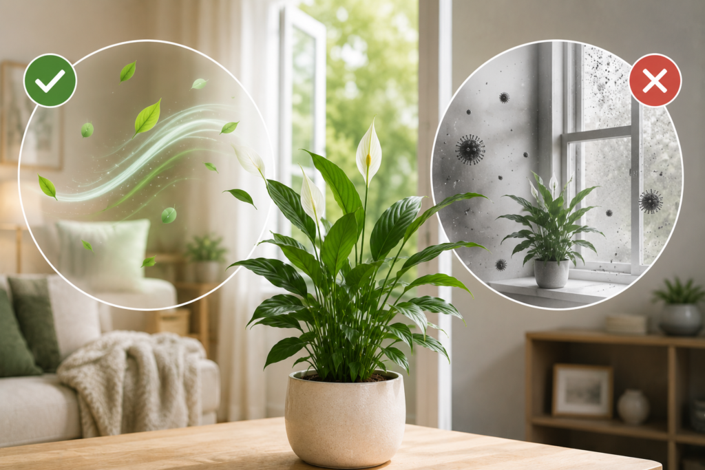 Clean featured image showing a houseplant in a bright home, contrasting the popular air-purifying myth with the reality that normal household ventilation is far more effective