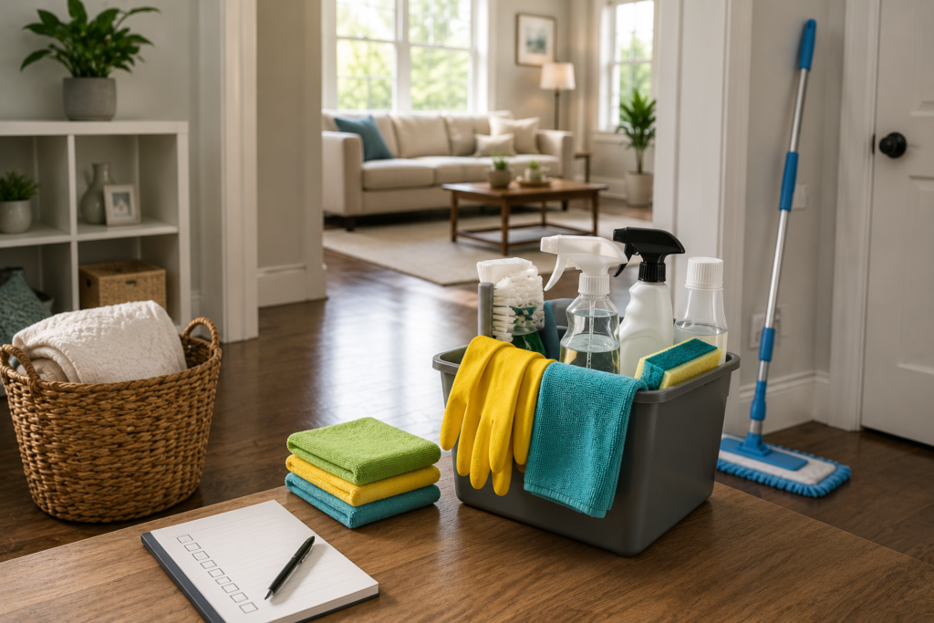 Preparing for a deep home clean with organized cleaning supplies, microfiber cloths, gloves, brushes, sprays, a mop, and a tidy decluttered living space.