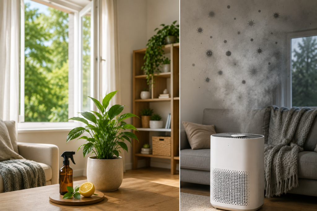 Clean featured image showing a naturally ventilated, plant-filled living room contrasted with a room affected by airborne pollution, with a HEPA air purifier providing additional filtration.