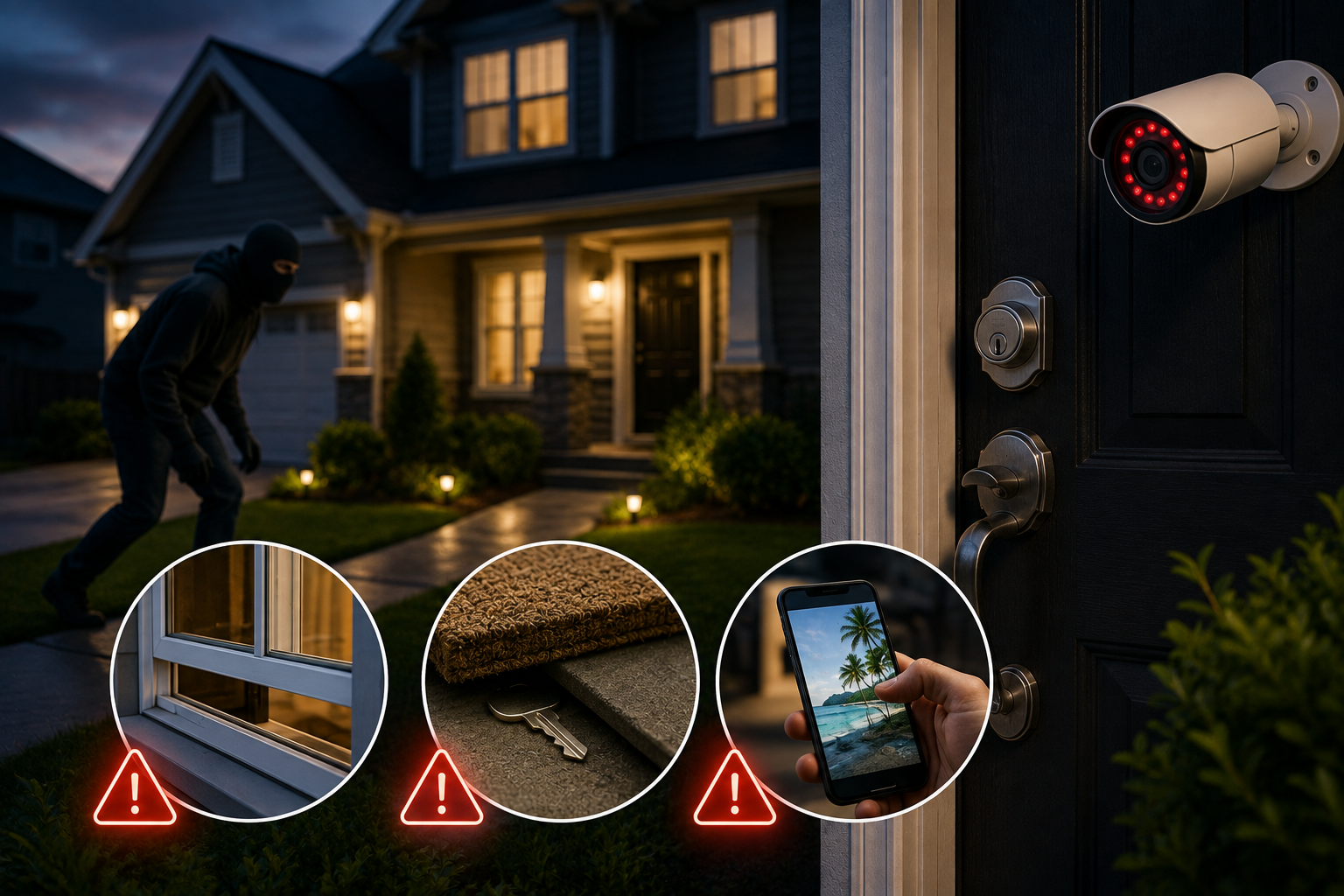 Home security mistakes shown around a modern American home, including an unsecured window, hidden spare key, social media vacation post, weak entry protection, and visible security camera.