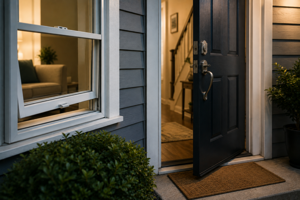 Unlocked front door and partially open first-floor window on a modern American home, illustrating common home security vulnerabilities.
