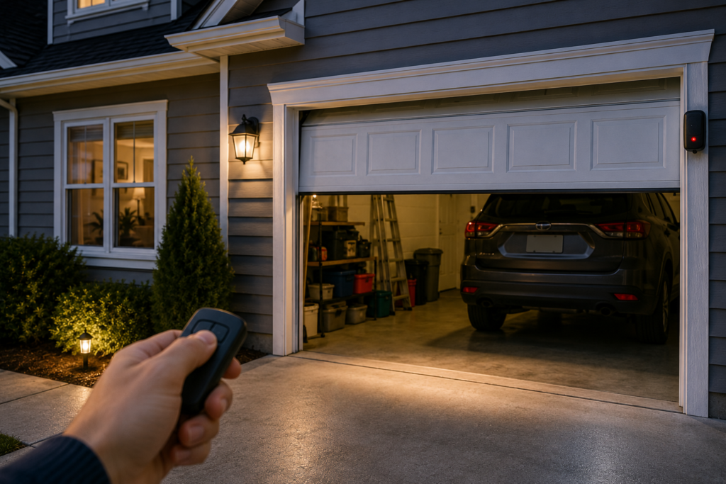 Vulnerable garage door left open at dusk on a modern American home, exposing a parked SUV and stored belongings, with a garage remote and security sensor visible.