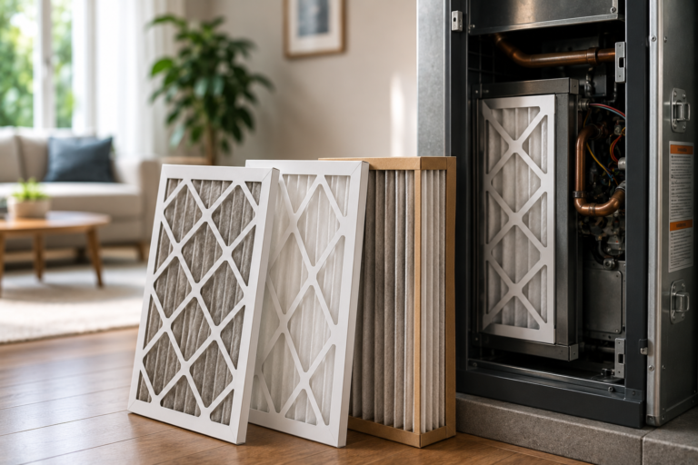 Clean featured image showing HVAC air filters in different conditions and thicknesses beside an open furnace cabinet, illustrating filter maintenance and replacement.