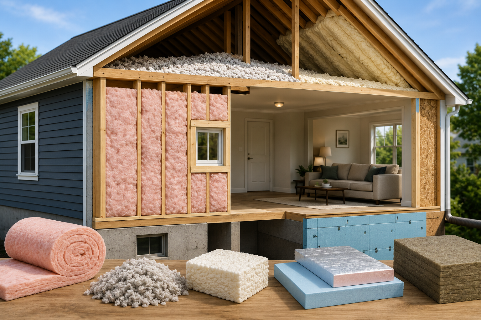 Modern American home cutaway showing attic, wall, basement, and roof insulation with fiberglass, cellulose, spray foam, mineral wool, and rigid foam materials.