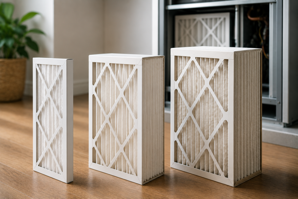 Clean featured image showing three HVAC air filters with visibly different thicknesses, from a slim 1-inch filter to deeper media filters, illustrating how filter thickness affects dust capacity and replacement intervals.