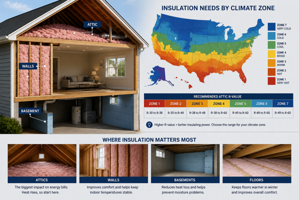 Home insulation needs by climate zone, showing a cutaway American home with attic, wall, basement, and floor insulation areas and different insulation materials.