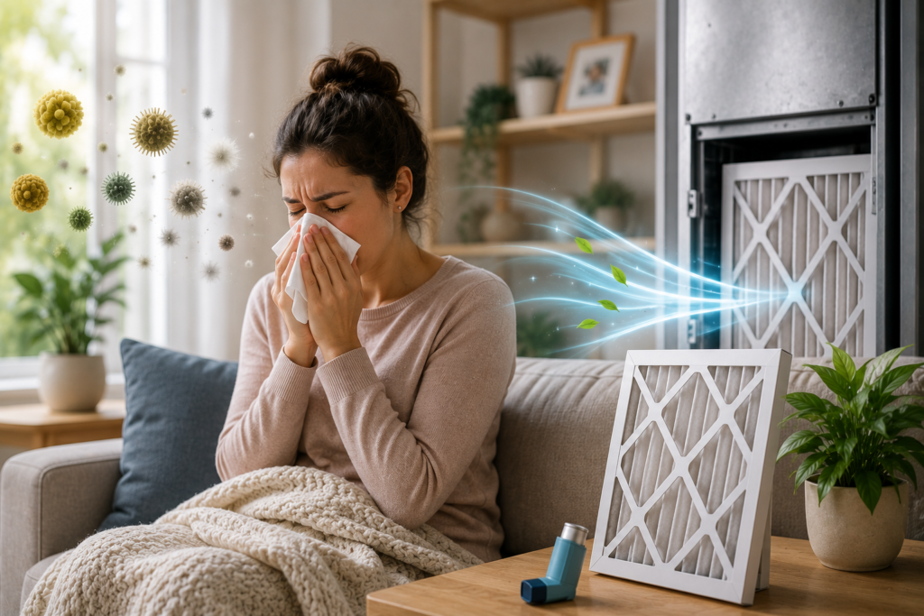 Clean featured image showing a person with allergy symptoms beside an HVAC air filter, with airborne particles and an inhaler illustrating the importance of proper filter maintenance for allergy and asthma concerns.