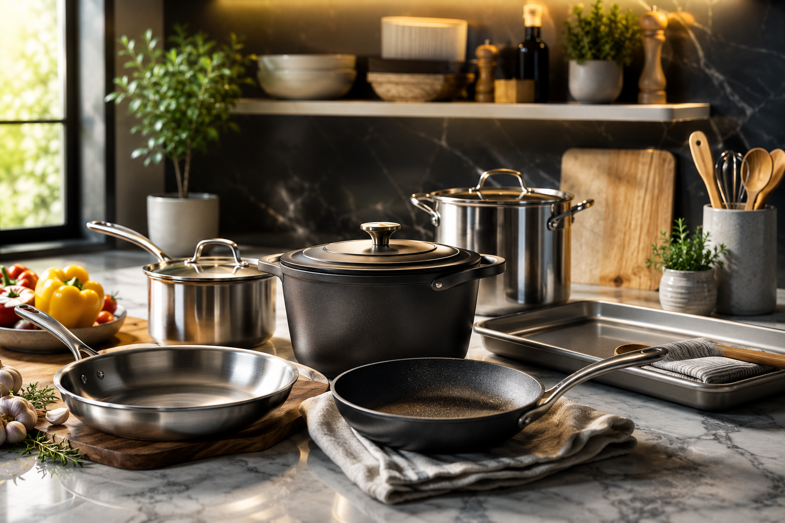 Essential cookware collection including skillets, saucepan, stockpot, Dutch oven, and baking tray in a modern kitchen.