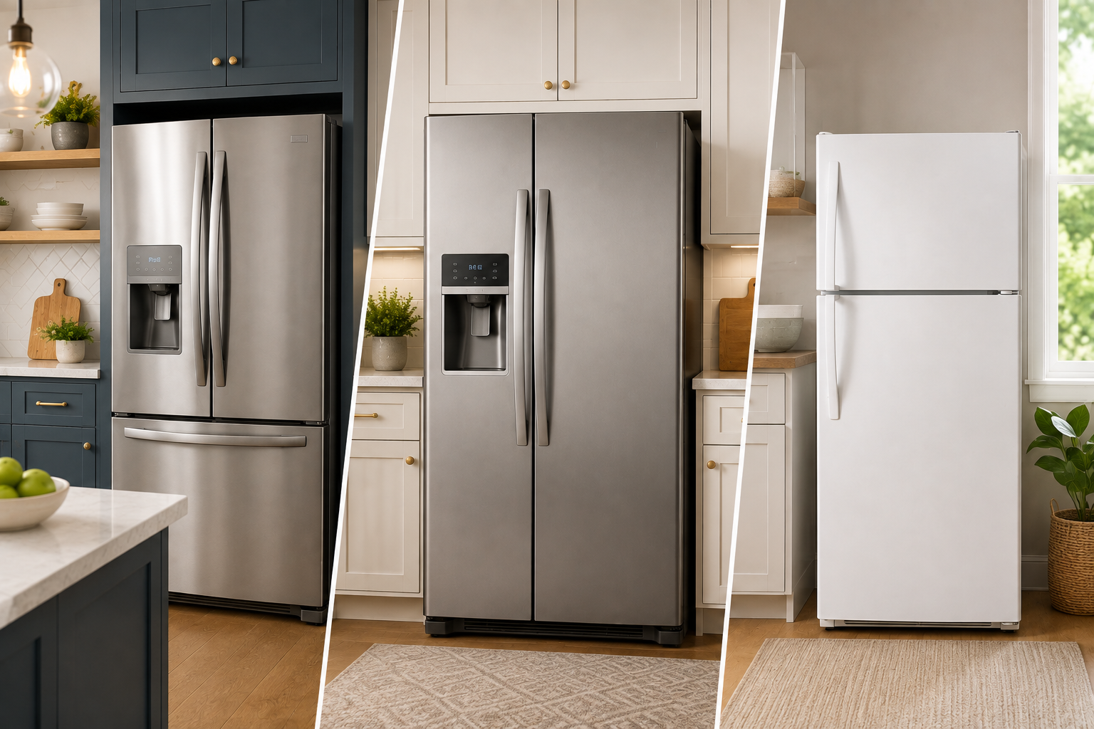 French door, side-by-side, and top freezer refrigerators displayed in stylish modern kitchen settings.