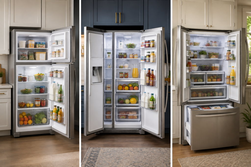 Comparison of top freezer, side-by-side, and French door refrigerator layouts with organized food storage.
