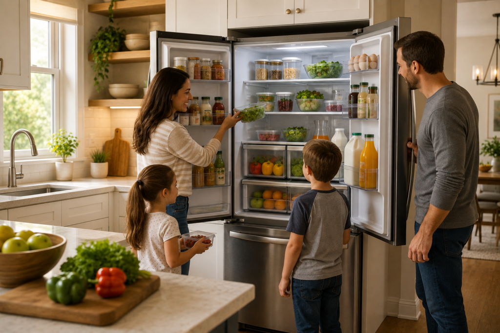 Family organizing groceries in a modern kitchen with a spacious French door refrigerator.