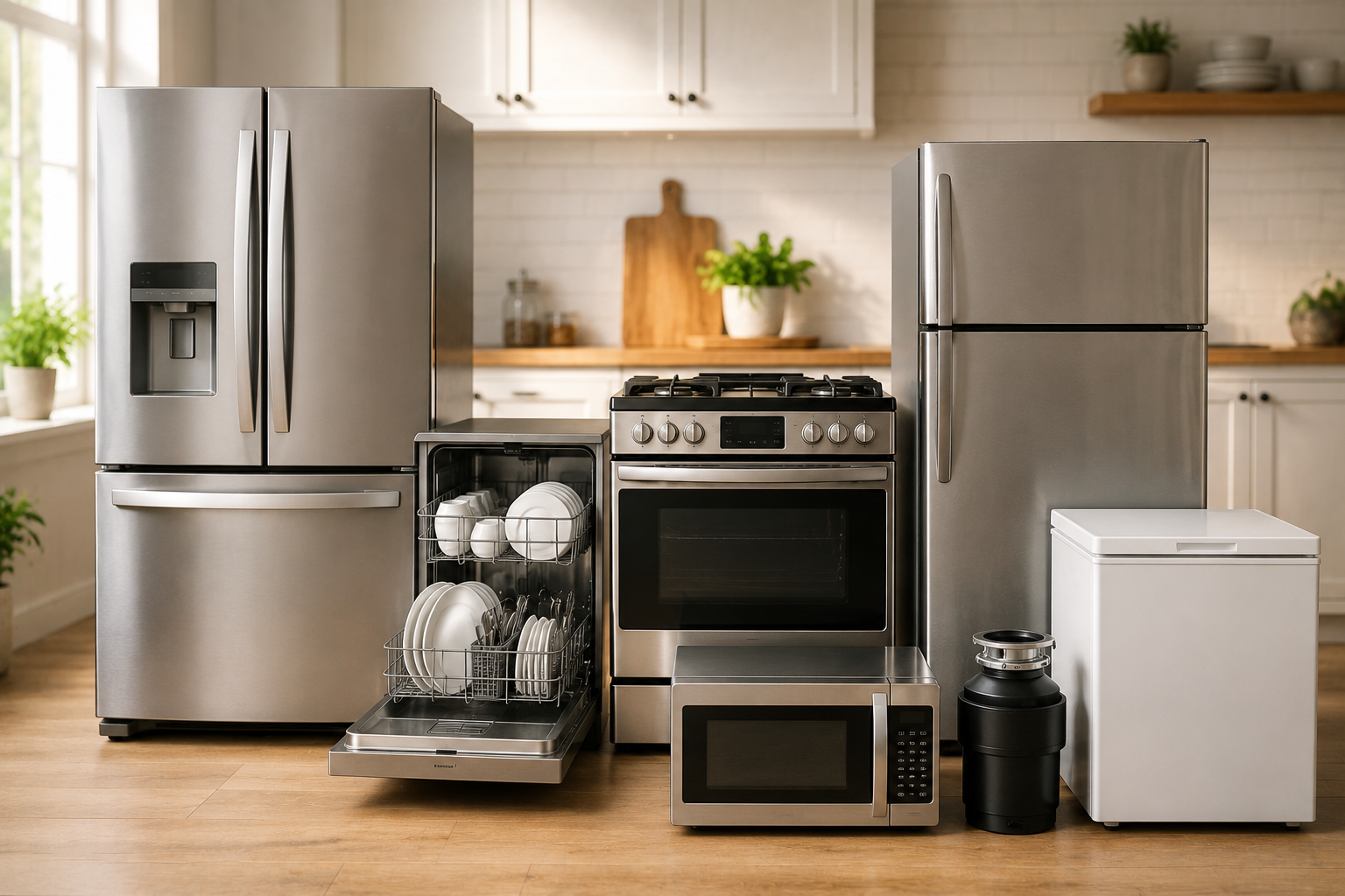"Modern kitchen with refrigerator, dishwasher, oven, microwave, freezer, and other essential appliances."