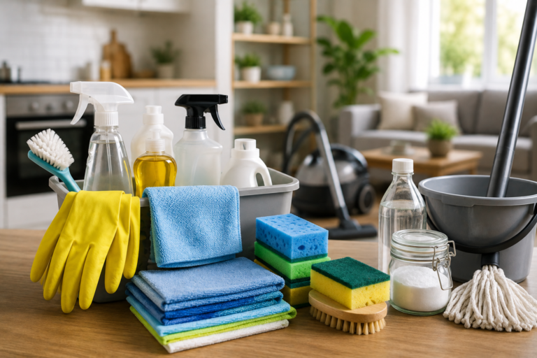 Clean featured image showing essential home cleaning supplies including a portable cleaning caddy, microfiber cloths, sponges, gloves, spray bottles, mop, bucket, brush, and vacuum in a bright modern home.