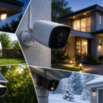 Outdoor security cameras installed around a modern American home, including wired, wireless, solar-powered, floodlight, and weather-resistant cameras for year-round property coverage.