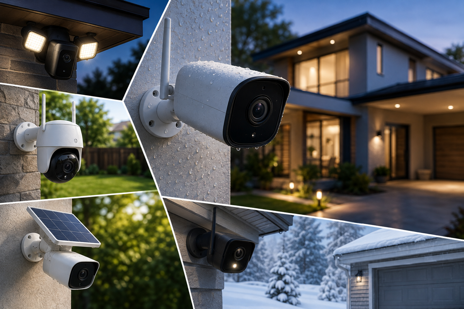 Outdoor security cameras installed around a modern American home, including wired, wireless, solar-powered, floodlight, and weather-resistant cameras for year-round property coverage.