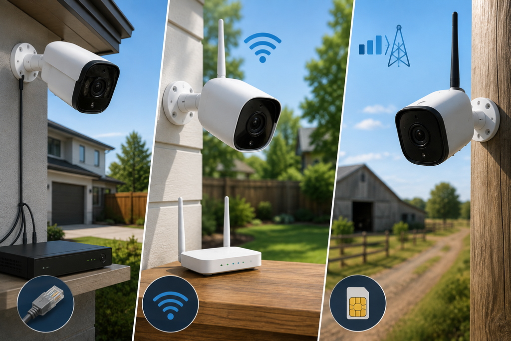 Wired, wireless, and cellular outdoor security cameras shown in different residential settings, illustrating cable connection, Wi-Fi connectivity, and cellular network operation.