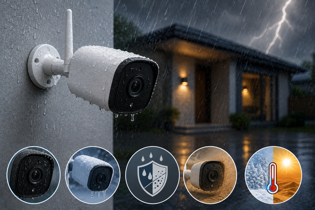 Weather-resistant outdoor security camera mounted on a home exterior during heavy rain, with visual cues representing protection from water, snow, dust, and extreme temperatures.